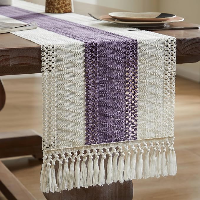 ZeeMart Macrame Style Bicolor Stitching Table Runner, 14 x 48 Inch Purple/Ivory - Image 7