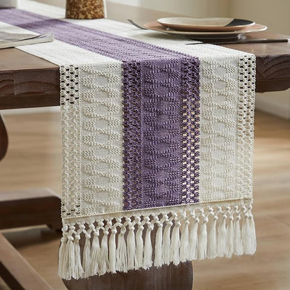 ZeeMart Macrame Style Bicolor Stitching Table Runner, 14 x 48 Inch Purple/Ivory - Image 7