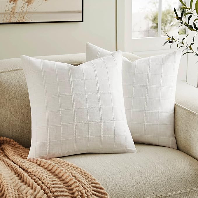 ZeeMart Linen Checked Throw Pillow Covers Set of 2, 20x20 Inch White/Natural by ZEEMARTONLINE