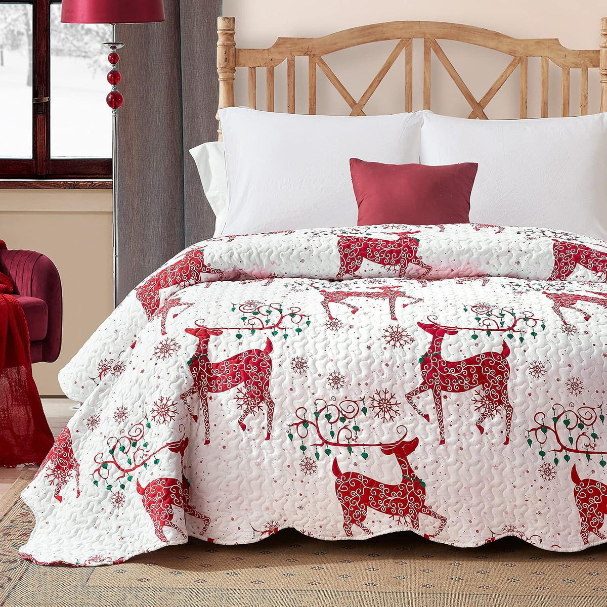 hansleep christmas bedspread king size, red reindeer quilt shown in use