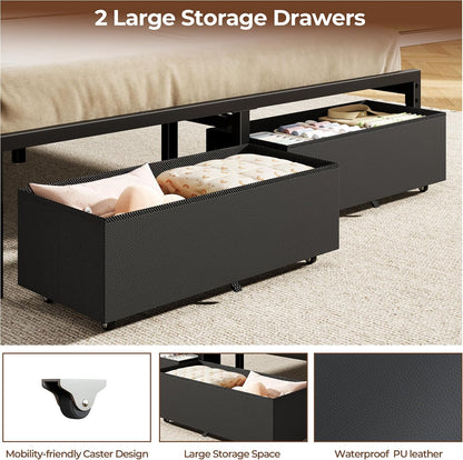 furnulem black queen bed frame with pu upholstered, front angle view
