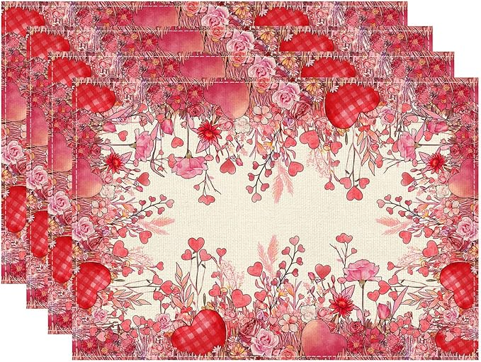 XCHI Wild Flowers Love Hearts Valentine’s Day Placemats Set of 4 Table Mats by XCHI