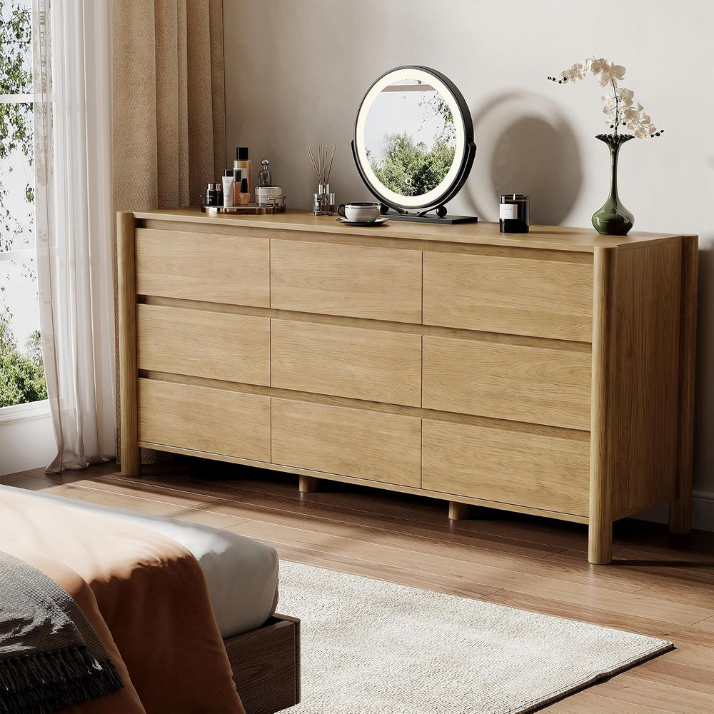 HOUROM Oak Dresser for Bedroom,63" Wide 9 Drawer Mid Century Modern Chest
