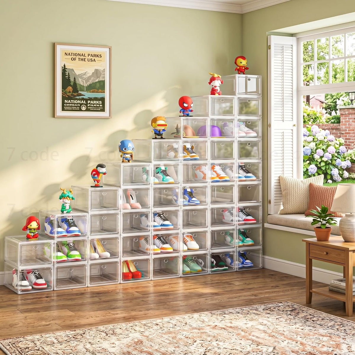 sturdy clear shoe organizer with magnetic door, stackable shown in use