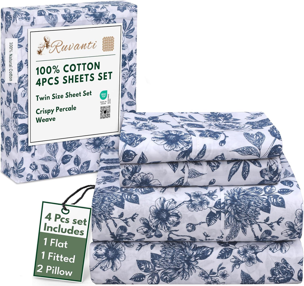 ruvanti 100% cotton twin sheets, percale weave twin, front angle view