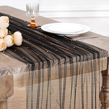 Pearl Gauze Tulle Table Runner Black Halloween 120 Inch 10FT Sheer Dining