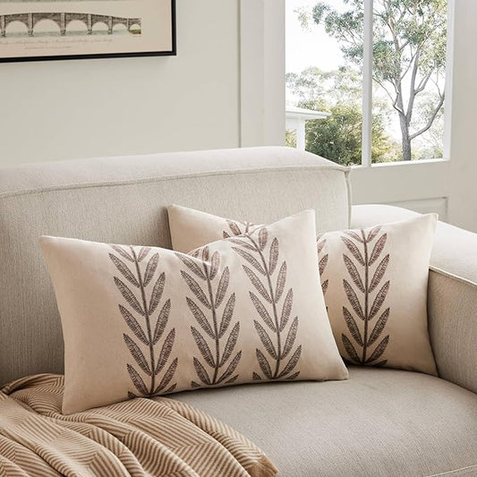 100% Cotton Farmhouse Leaves Lumbar Throw Pillow Covers Set of 2, 12x20 Inch by Unknown