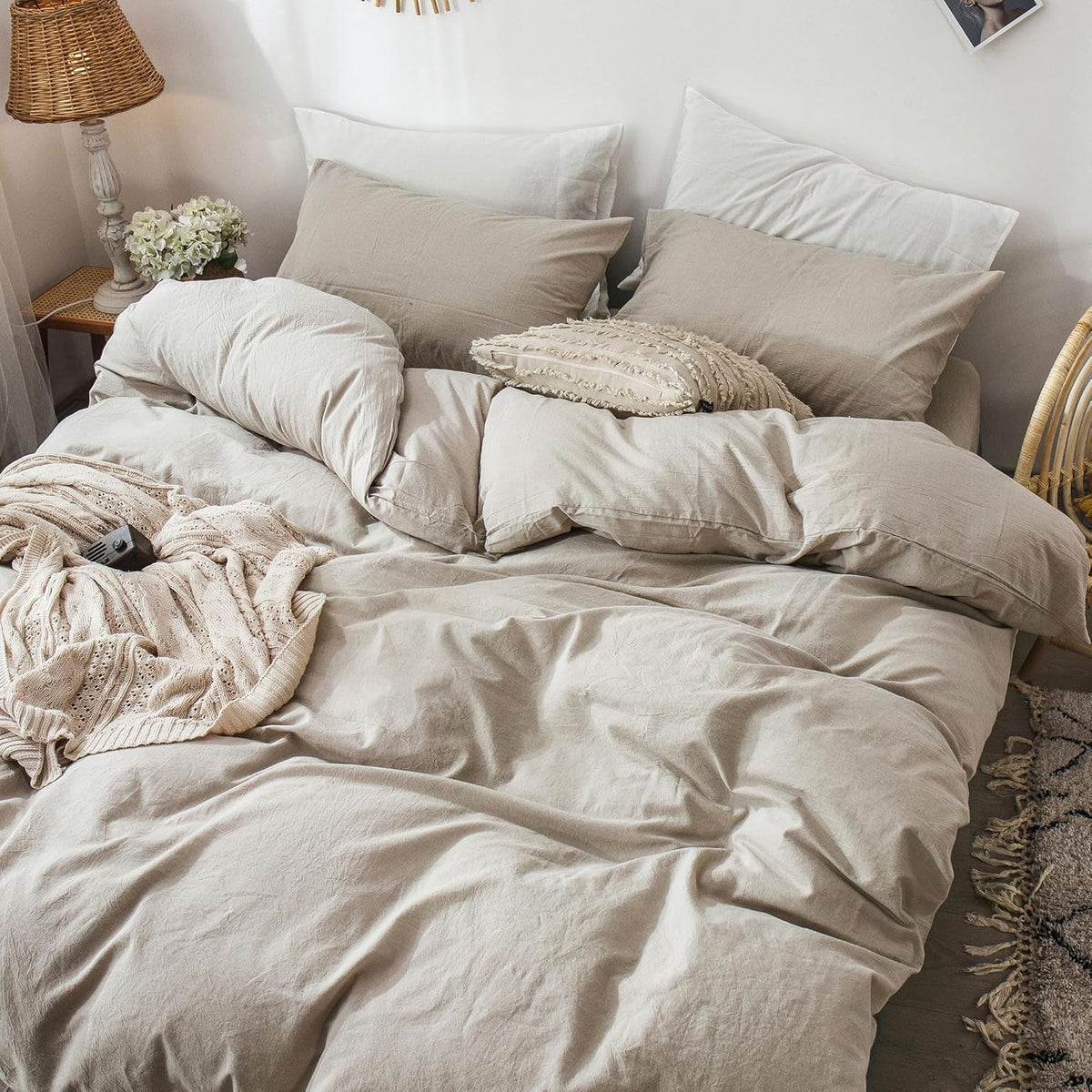 moomee duvet cover set 100% washed cotton linen, close-up detail