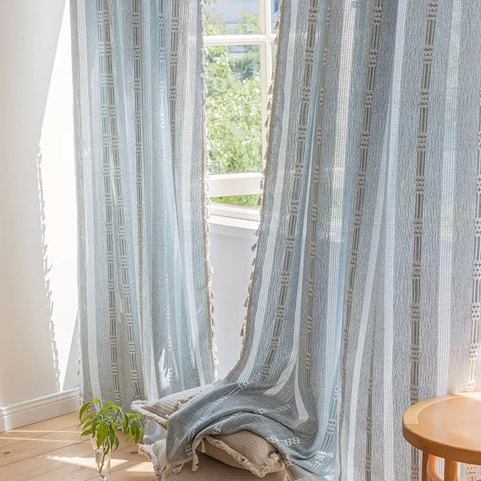 ENJOYBRIDAL Boho Curtains 96 Inch Length 2 Panels Semi Sheer Blue Grey Drapes by ENJOYBRIDAL