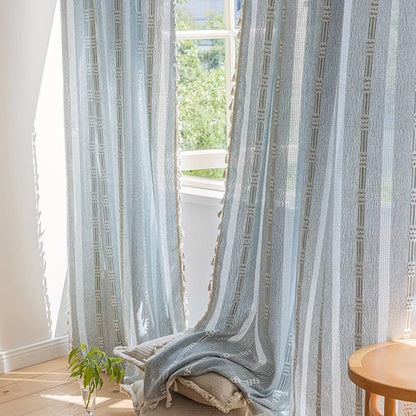 ENJOYBRIDAL Boho Curtains 63 Inch Length 2 Panels Semi Sheer Blue Grey Drapes by ENJOYBRIDAL