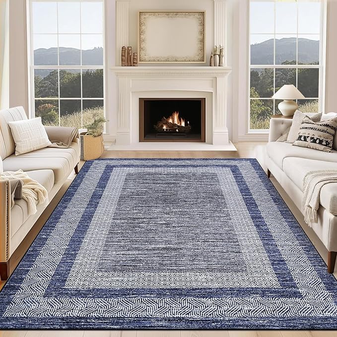 GarveeHome 9x12 Large Modern Navy Blue Area Rug Distressed Bordered Soft Non by GarveeHome
