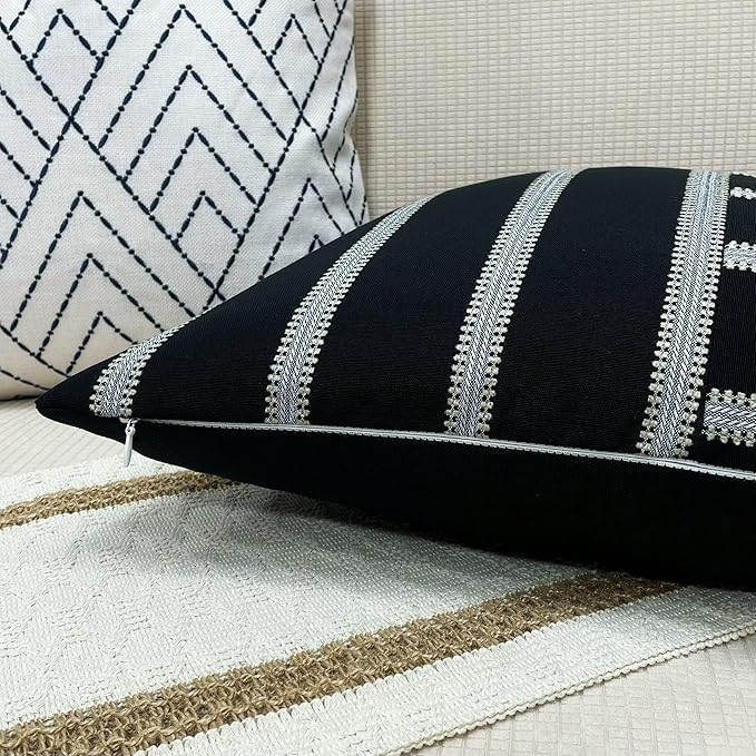 Slow Cow Linen Black and Off White Patchwork Stripe Throw Pillow Cover Cushion - Image 5