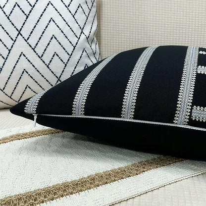 Slow Cow Linen Black and Off White Patchwork Stripe Throw Pillow Cover Cushion - Image 5