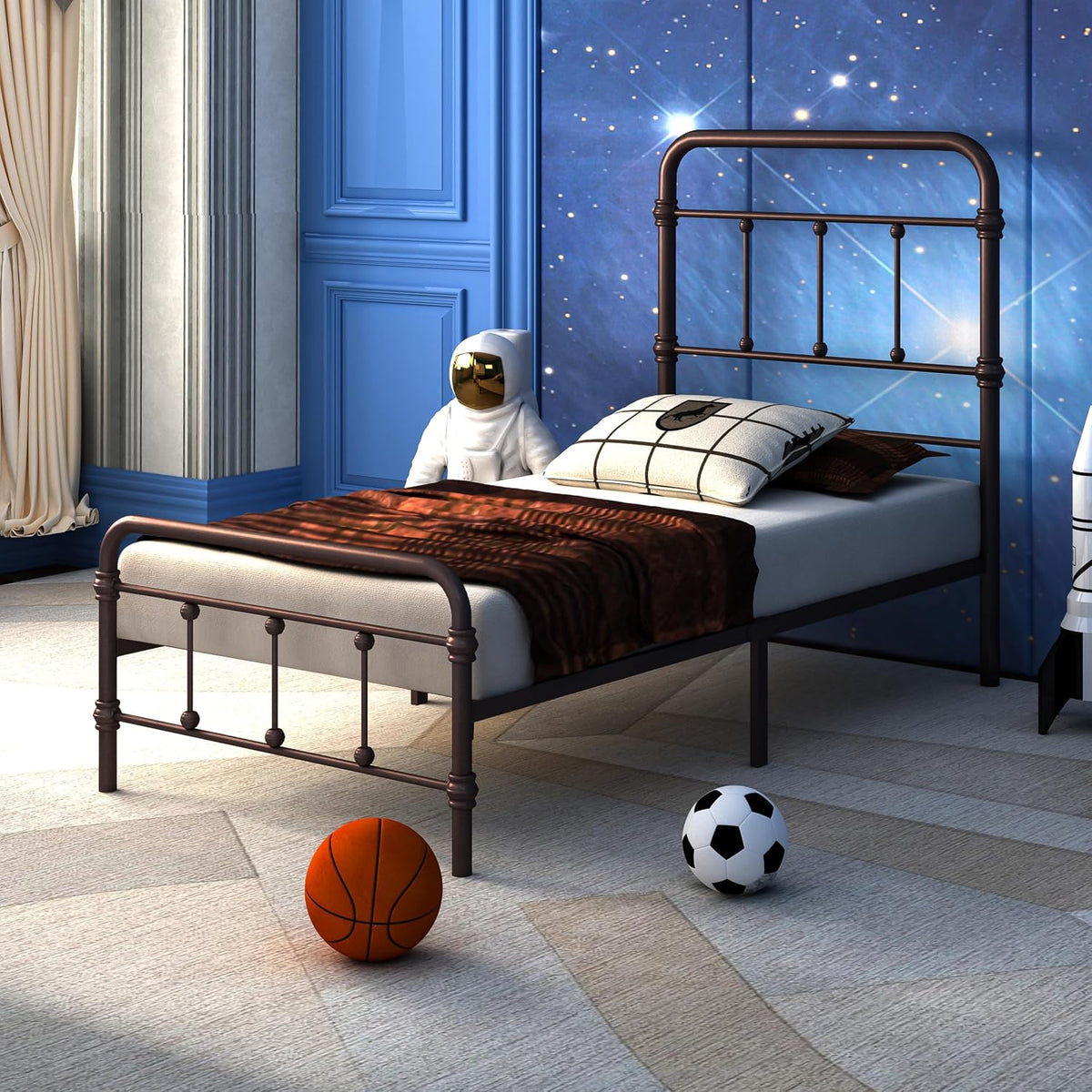 twin-bed-frames-vintage-farmhouse 49 inch tall-headboard-iron - platform mattress foundation,no, close-up detail