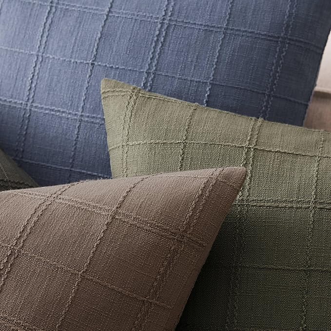 ZeeMart Linen Checked Throw Pillow Covers Set of 2, 22x22 Inch Allover Grid Blue - Image 3