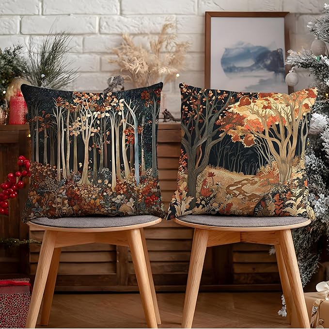 Rustic William Morris Inspired Autumn Forest Decor Throw Pillow Covers 18x18 - Image 5