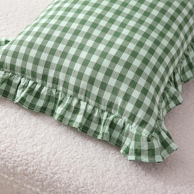2 Pack Christmas Green White Plaid Ruffle Gingham Lumbar Throw Pillow Covers - Image 7
