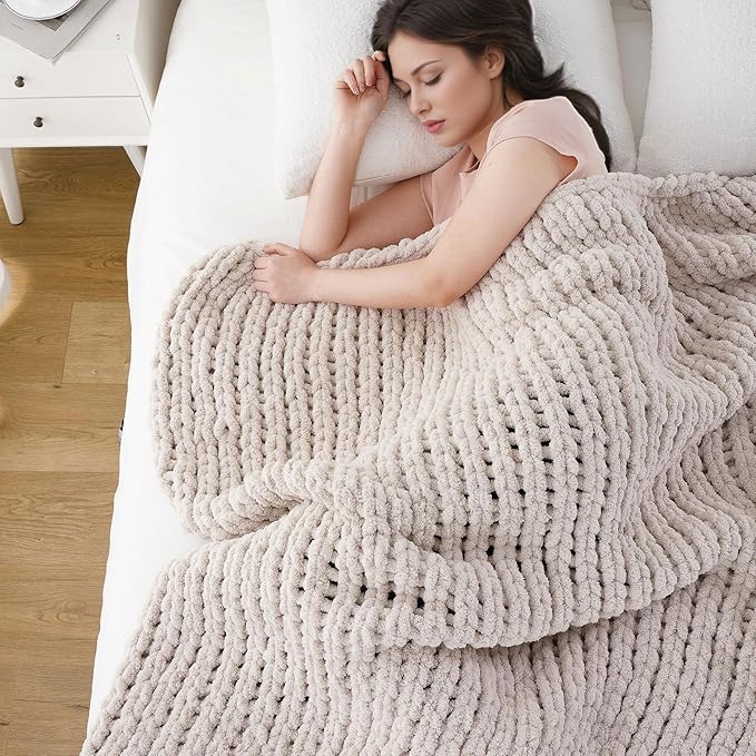 Battilo Beige Chunky Knit Throw Blanket, Soft and Thick Cream Chenille Throw - Image 8