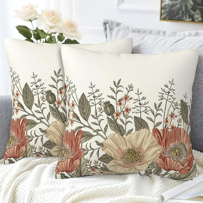 Vintage Poppy Flowers Throw Pillow Covers Set of 2 Blooming Flowers Pillow - Image 4