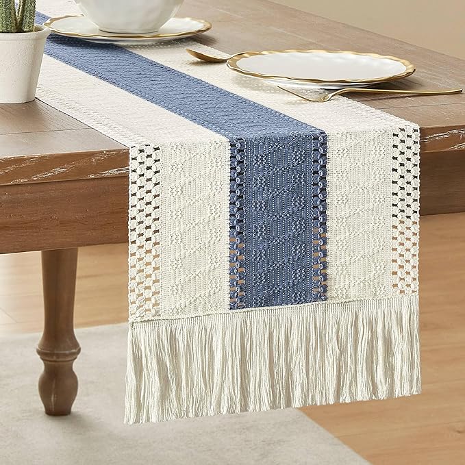 ZeeMart Macrame Style Bicolor Stitching Table Runner, 12 x 90 Inch Blue/Ivory by ZEEMARTONLINE