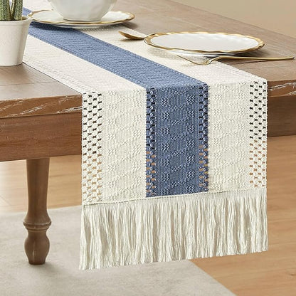 ZeeMart Macrame Style Bicolor Stitching Table Runner, 12 x 90 Inch Blue/Ivory by ZEEMARTONLINE