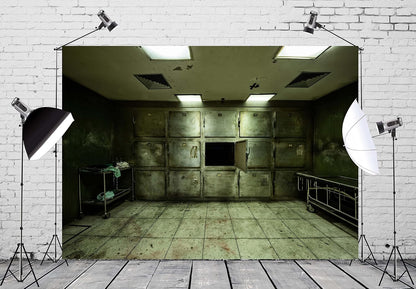 BELECO Old Abandoned Hospital Backdrop Fabric 9x6ft Gloomy Hospital Morgue Interior Tattered Lockers Bloodstains Sickbed Background Horrible Halloween Party Decorations Portraits Photo Studio Props