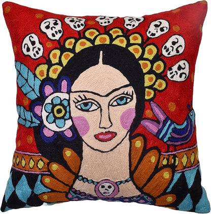 Frida Inspired Pillow Cover Bella Senorita Hispanic Pillowcase Colorful Birds by Kashmir+Designs