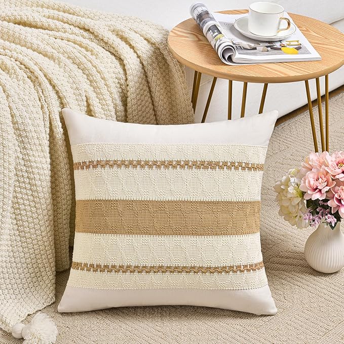 Fancy Homi Set of 2 Tan Neutral Decorative Throw Pillow Cover 18x18 Inch - Image 2