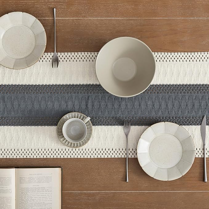 ZeeMart Macrame Style Bicolor Stitching Table Runner, 14 x 90 Inch - Image 5