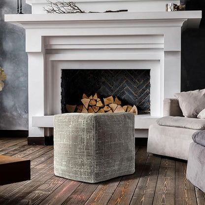 LR Home Transitional Distressed Geometric Gray/Ivory Polyester Blend Cube Pouf - Image 7