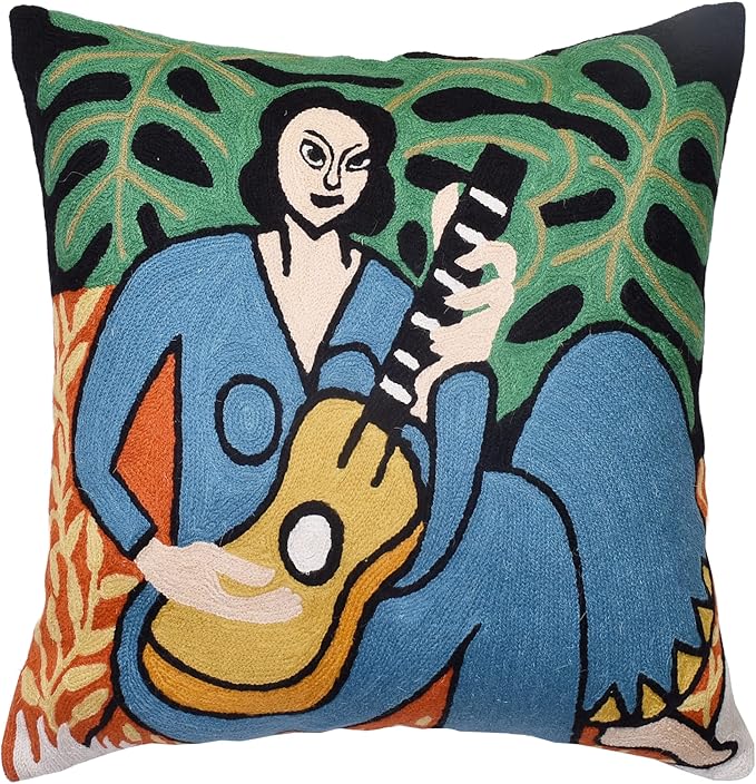 The Music Matisse Decorative Pillow Cover Handembroidered Wool 18x18 by Kashmir+Designs
