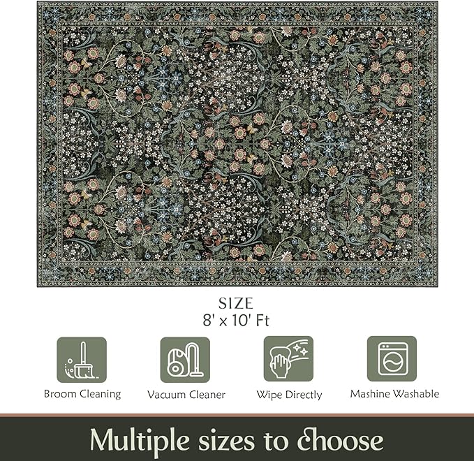 MUJOO 8x10 Area Rugs, Floral Washable Rugs - Image 2