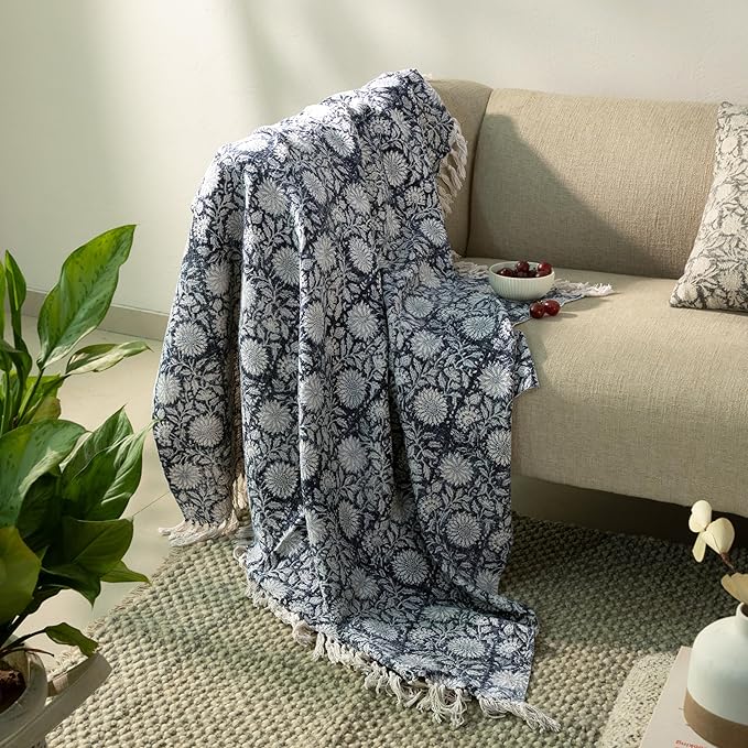 100% Pure Cotton Handblock Printed Throw Blanket, Soft 50" x 60" Fringed Floral by Unknown