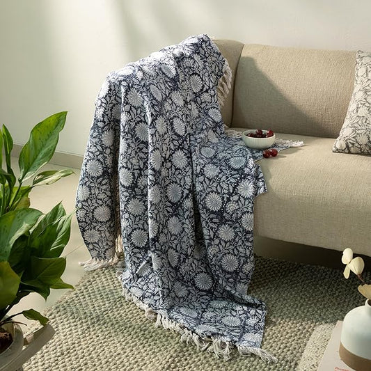 100% Pure Cotton Handblock Printed Throw Blanket, Soft 50" x 60" Fringed Floral by Unknown