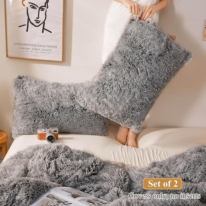 XeGe Fluffy Faux Fur Pillow Cases, Plush Shaggy Ultra Soft Fuzzy Pillowcases - Image 2