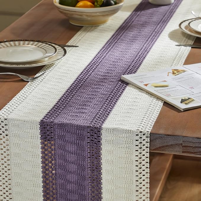 ZeeMart Macrame Style Bicolor Stitching Table Runner, 14 x 60 Inch Purple/Ivory - Image 5