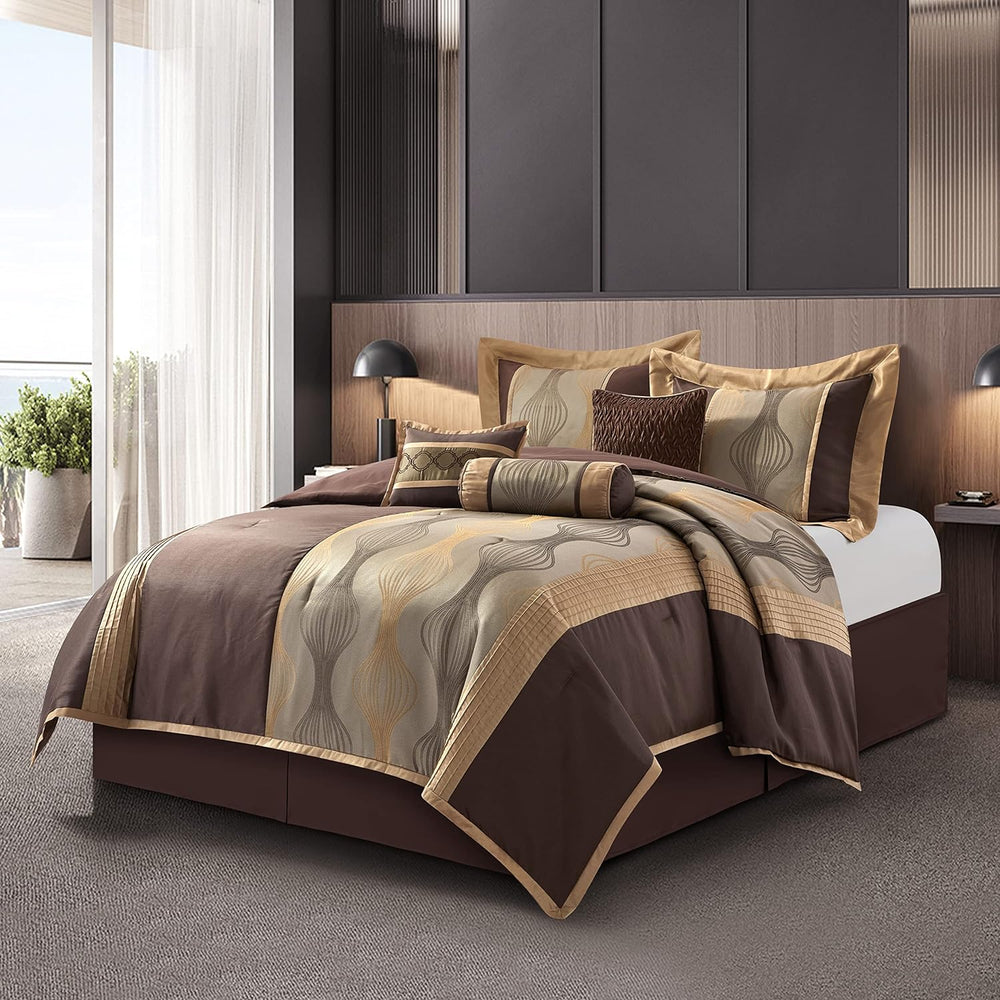 Elagant Jacquard Brown Comforter Set, Size California King, 7 Piece Bed in a ...