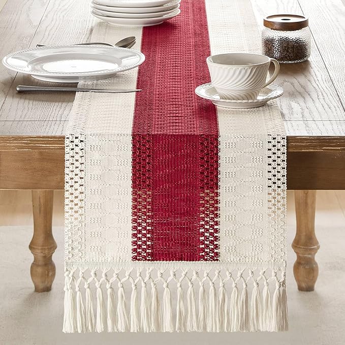 ZeeMart Macrame Style Bicolor Stitching Table Runner, 14 x 60 Inch Red/Ivory - Image 2