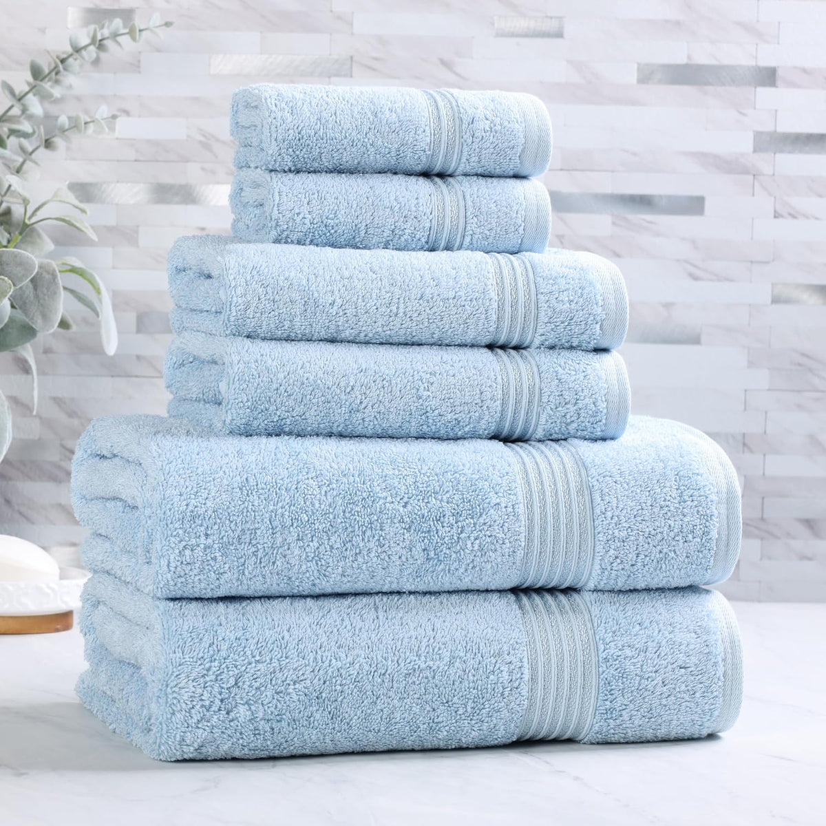 superior egyptian cotton 6-piece towel set, bathroom essentials shown in use