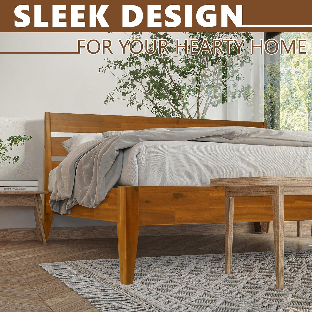 acacia emery bed frame with headboard solid wood, side view