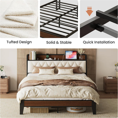 anctor queen bed frame with headboard & charging, front angle view