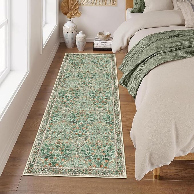 MUJOO Washable Runner Rug Green, Floral 2x6 Runners - Image 2