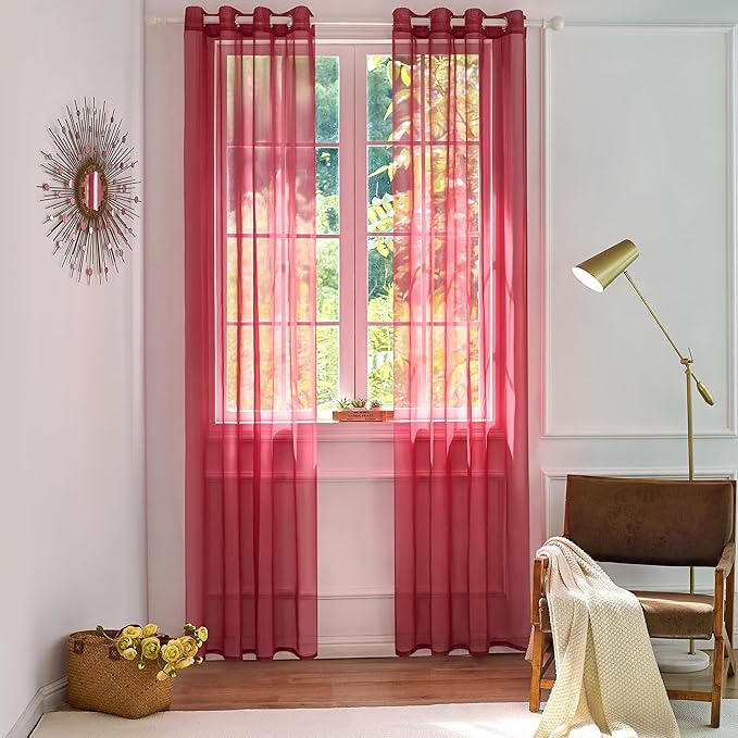 Foil Stripe Burgundy Sheer Curtains 104 inches Length 2 Panels by MISSTIAM