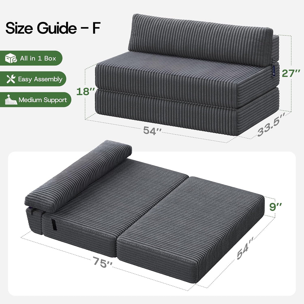 Folding Sofa Bed Convertible 4 in 1 Sleeper Chair Gray Full
