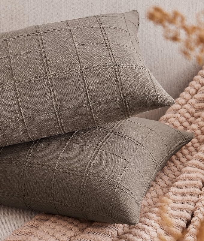 ZeeMart Linen Checked Lumbar Throw Pillow Covers Set of 2, 12x20 Inch Allover by ZEEMARTONLINE