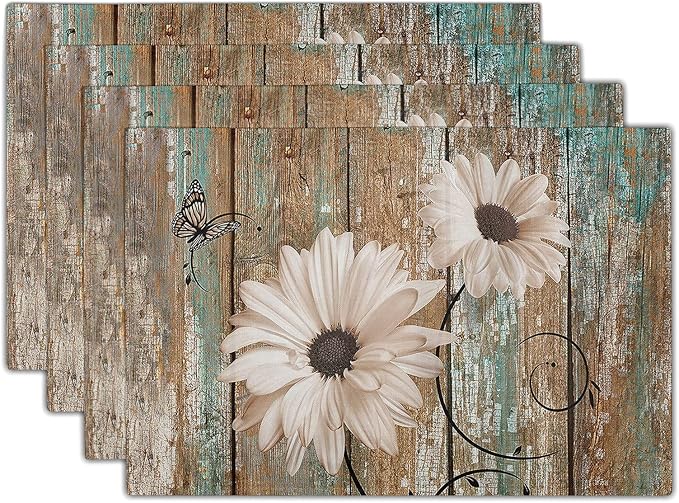 Giwawa Rustic Daisy Board Placemats- White Sunflowers on Vintage Wood Plank by Giwawa