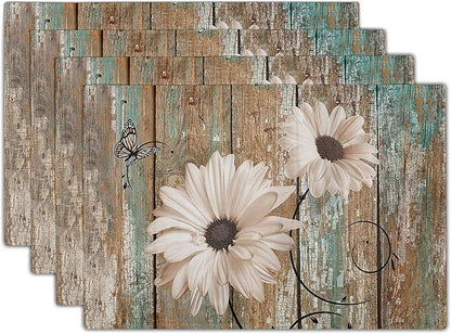 Giwawa Rustic Daisy Board Placemats- White Sunflowers on Vintage Wood Plank by Giwawa