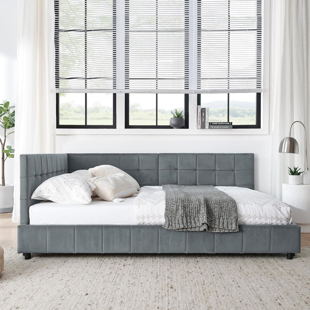 SOFTSEA Full Size Upholstered Corner Bed, Modern Daybed with L-Shaped Backres...