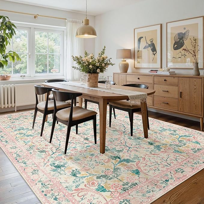 MUJOO Pink Washable Rugs 8x10, Floral Area Rug - Image 4
