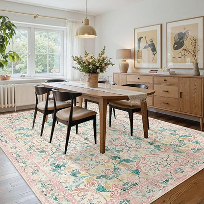 MUJOO Pink Washable Rugs 8x10, Floral Area Rug - Image 4